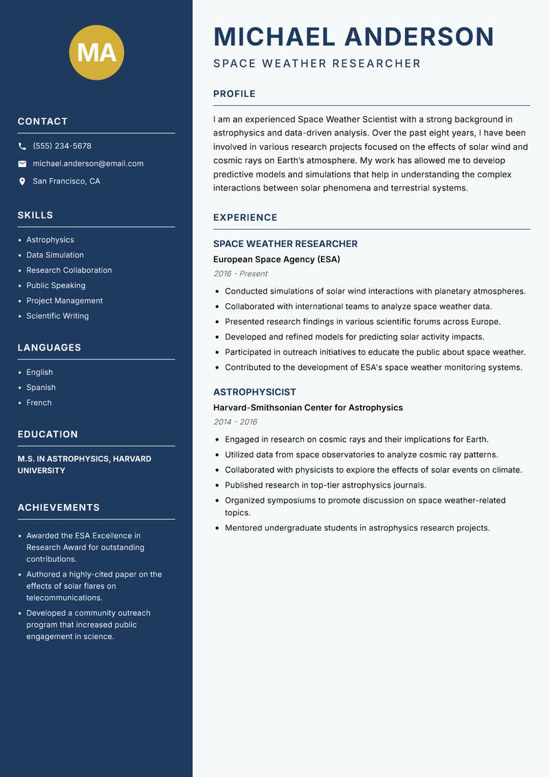 Space Weather Scientist Resume Preview Example