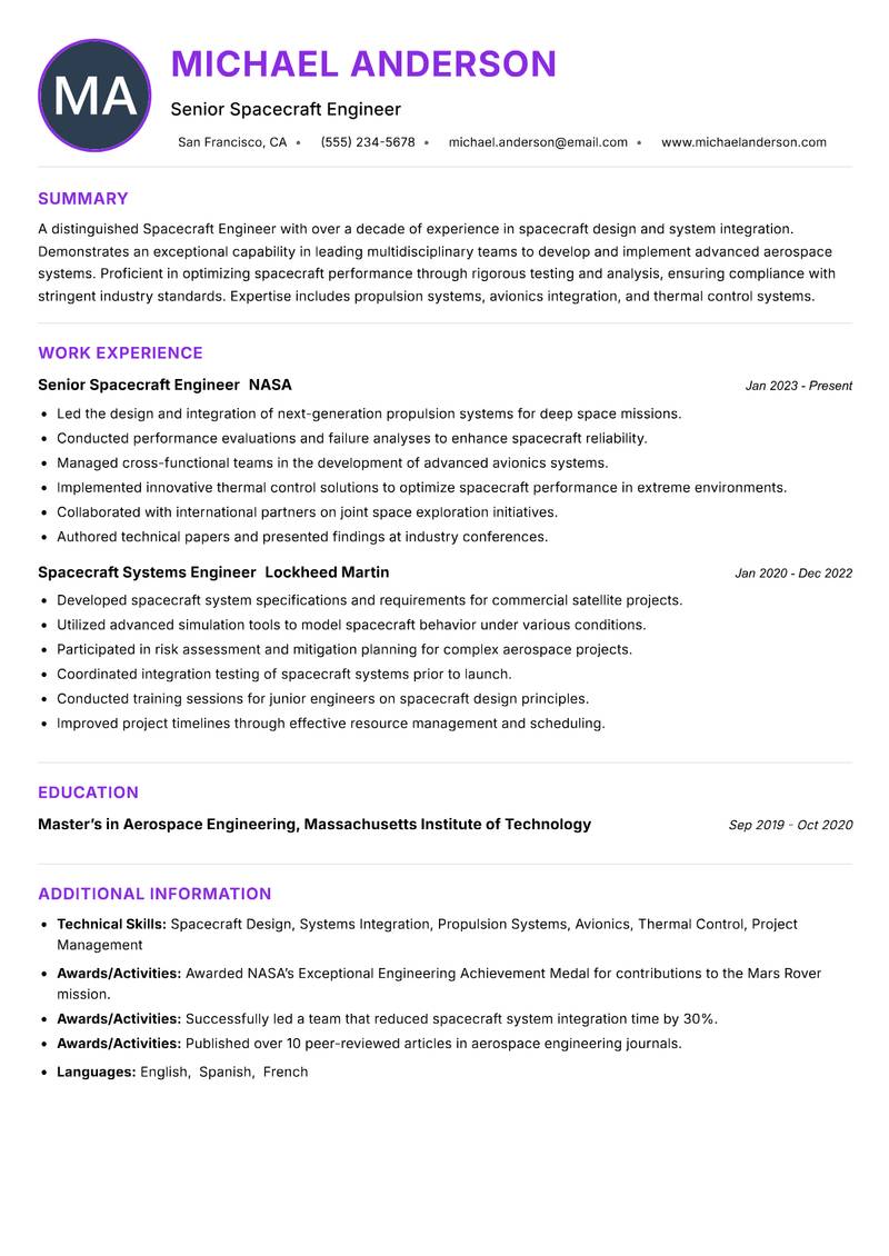 Spacecraft Engineer Resume Preview Example