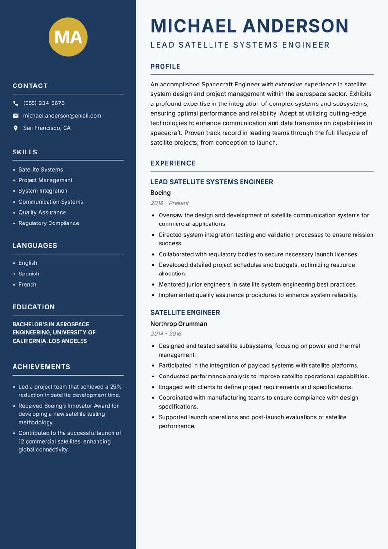 Spacecraft Engineer Resume Preview Example