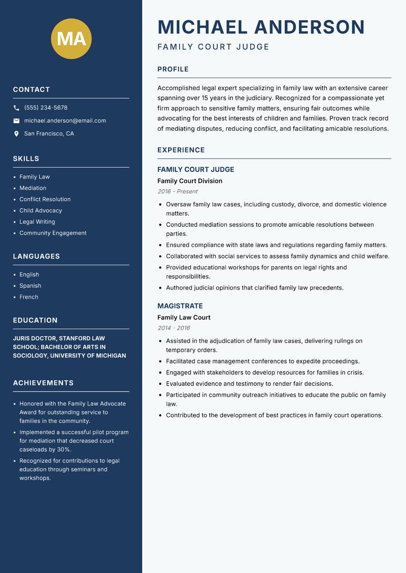 Special Court Judge Resume Preview Example