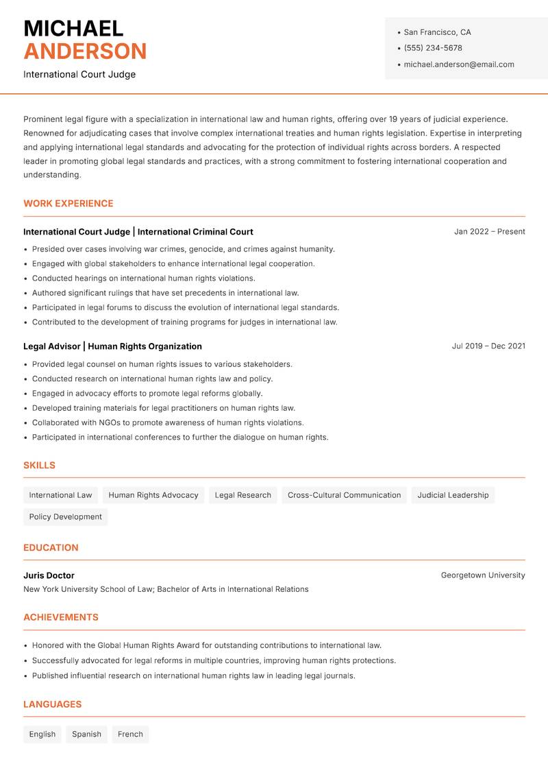 Special Court Judge Resume Template