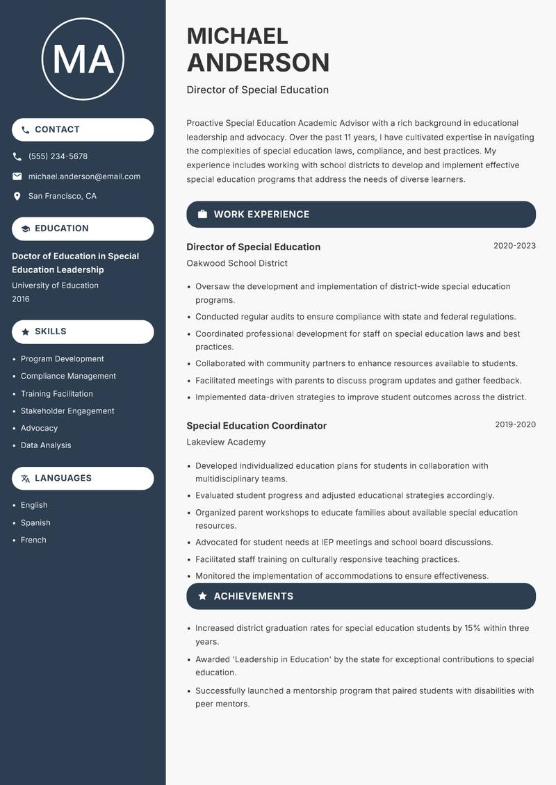 Special Education Academic Advisor Resume Preview Example