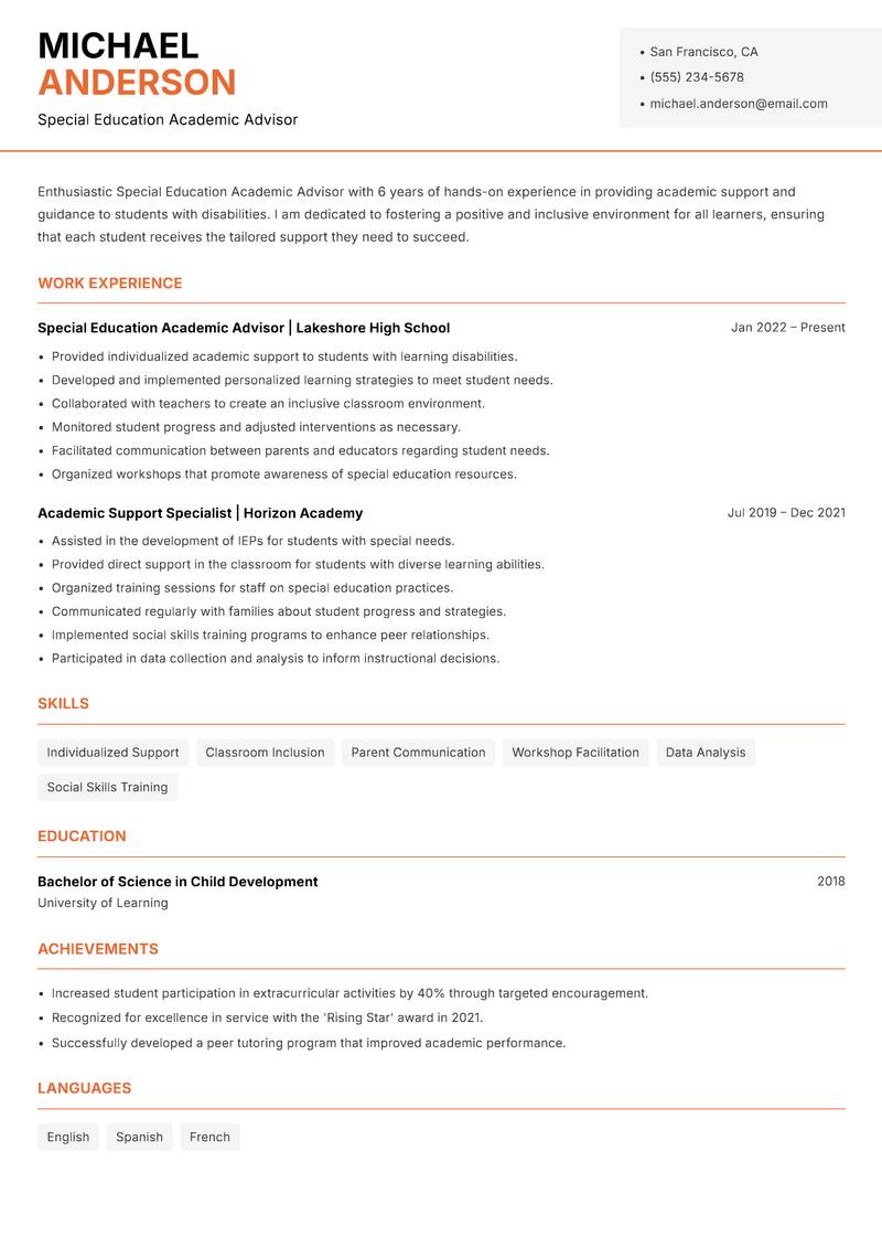 Special Education Academic Advisor Resume Template