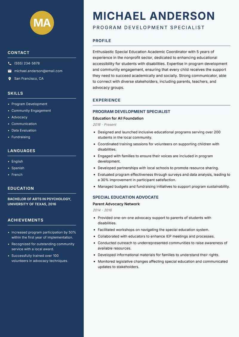 Special Education Academic Coordinator Resume Preview Example