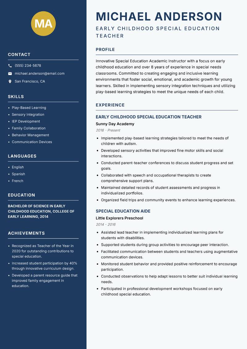 Special Education Academic Instructor Resume Preview Example