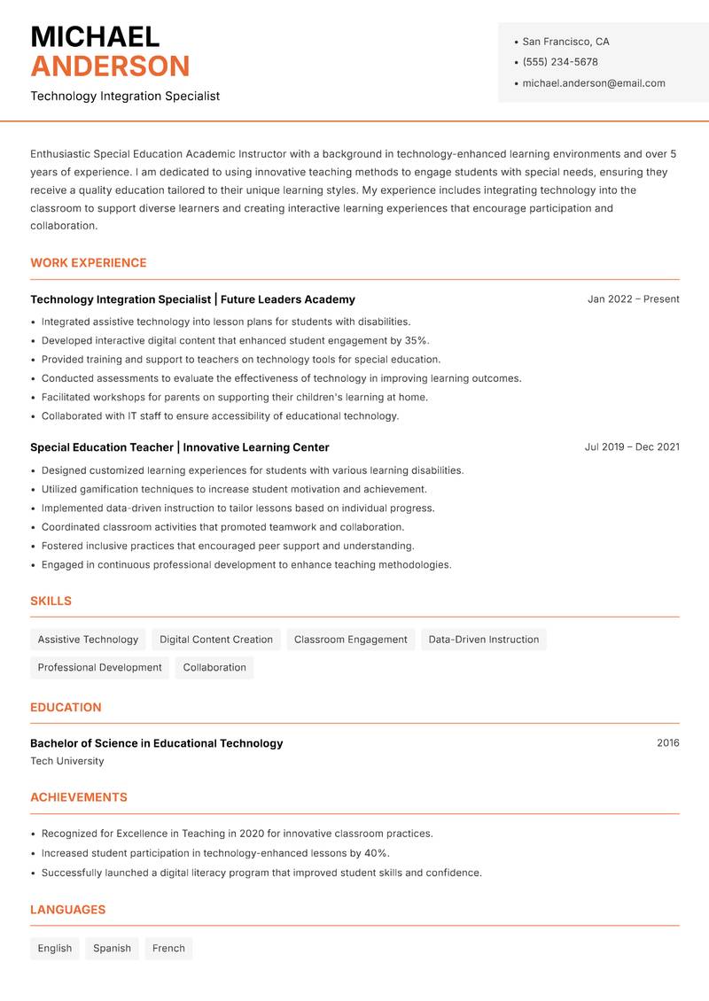 Special Education Academic Instructor Resume Template