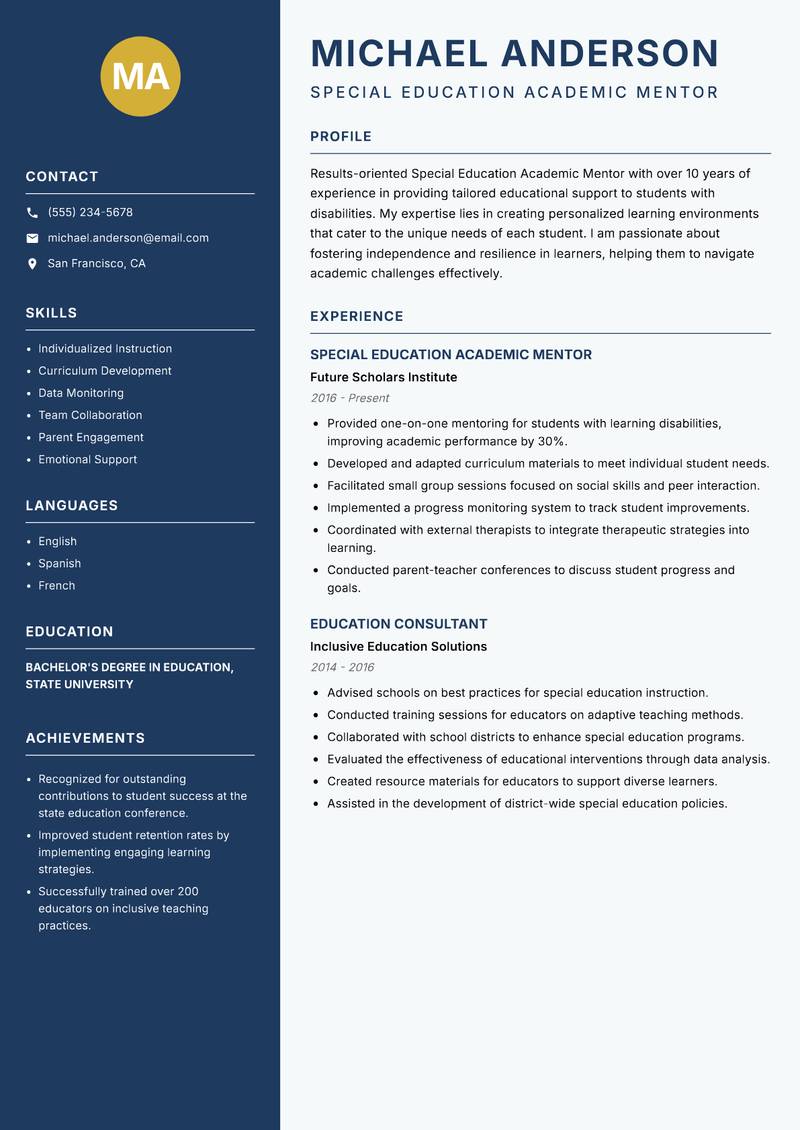 Special Education Academic Mentor Resume Preview Example