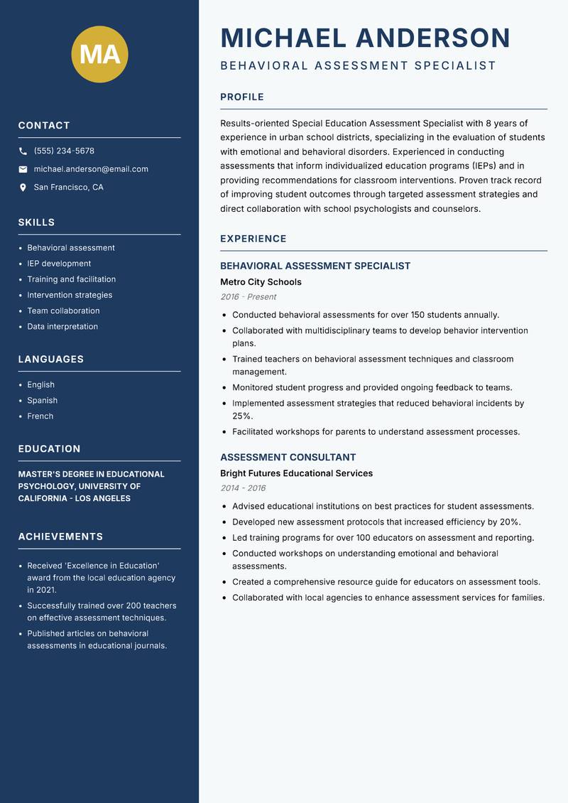 Special Education Assessment Specialist Resume Preview Example