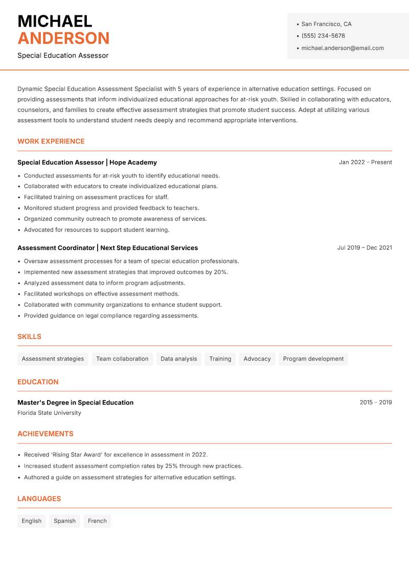 Special Education Assessment Specialist Resume Template