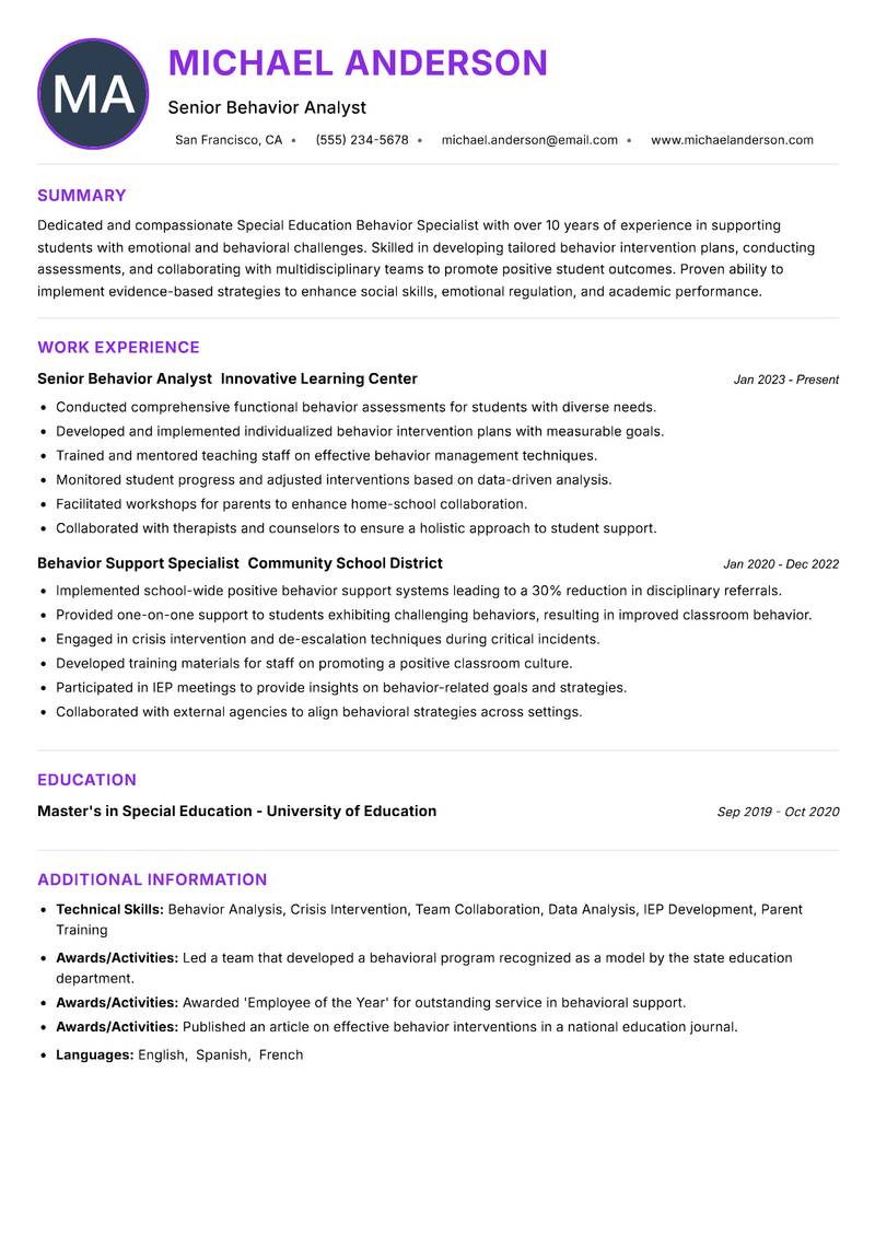 Special Education Behavior Specialist Resume Preview Example