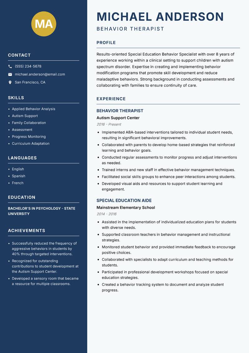 Special Education Behavior Specialist Resume Preview Example