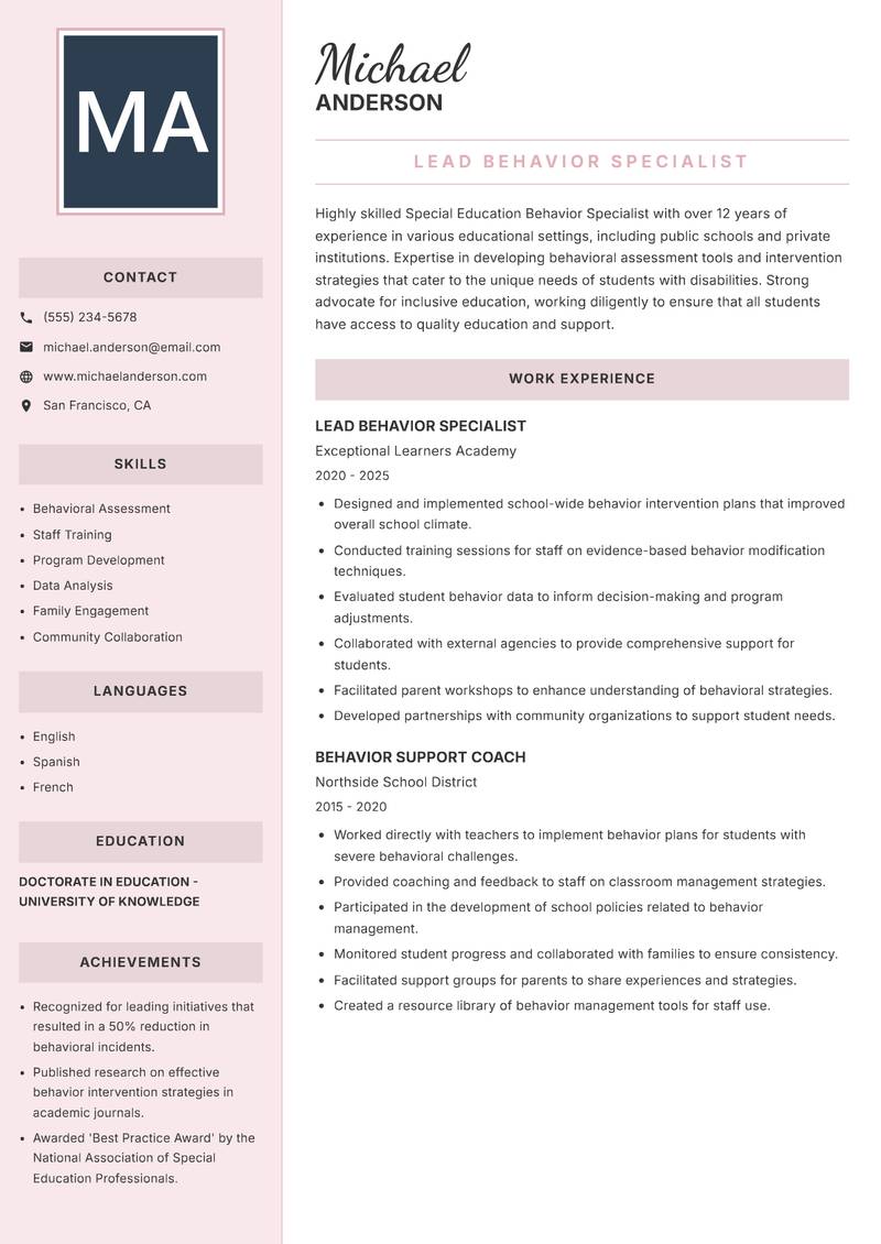 Special Education Behavior Specialist Resume Preview Example