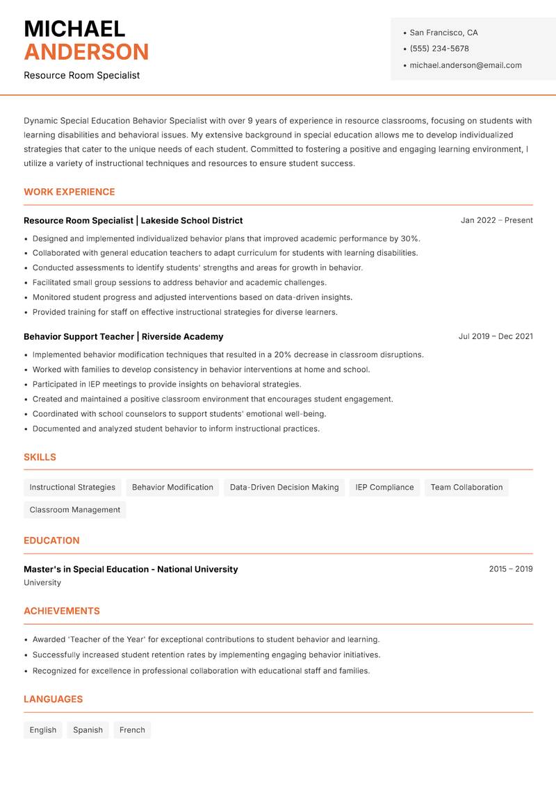 Special Education Behavior Specialist Resume Template