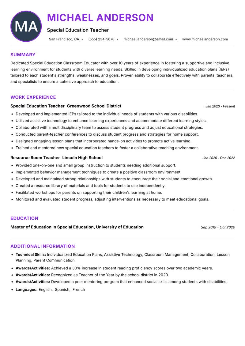 Special Education Classroom Educator Resume Preview Example