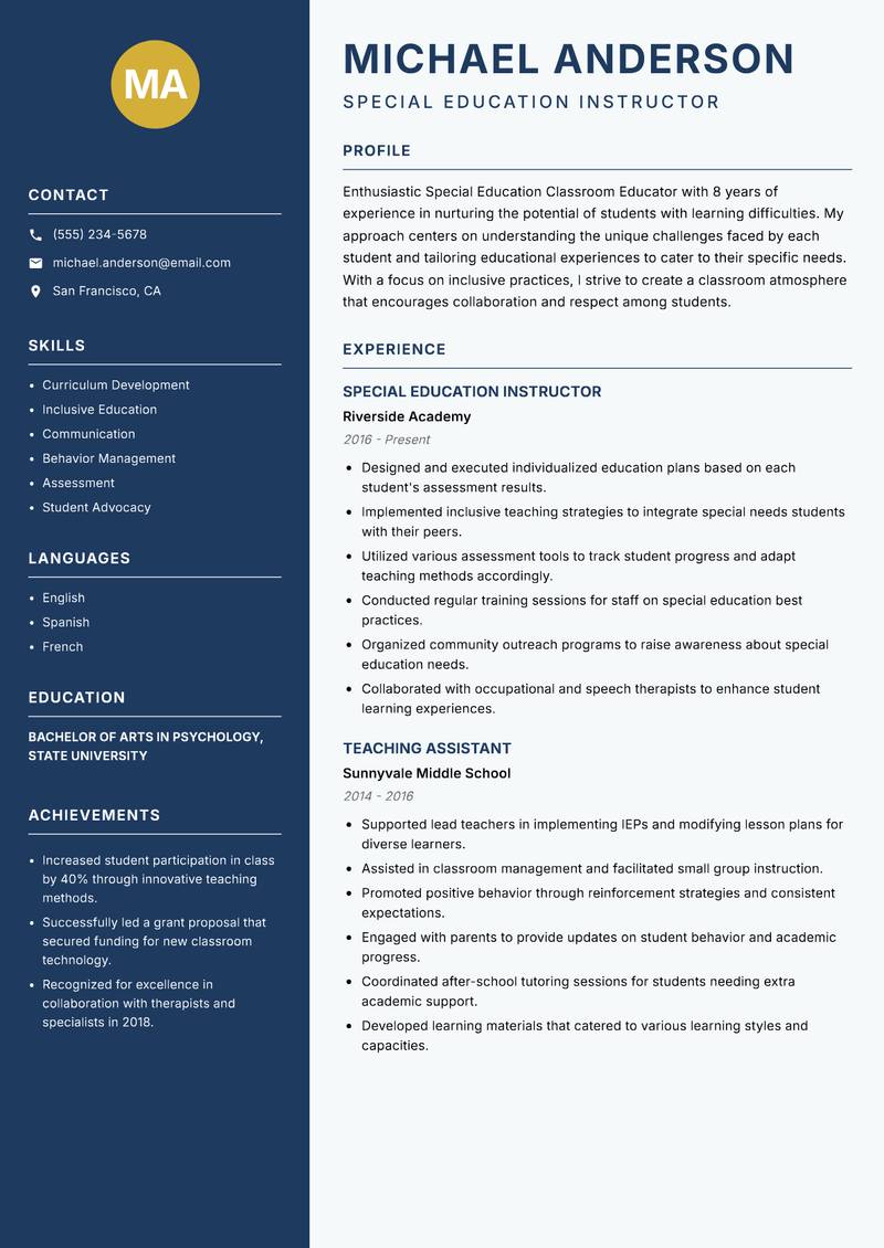 Special Education Classroom Educator Resume Preview Example