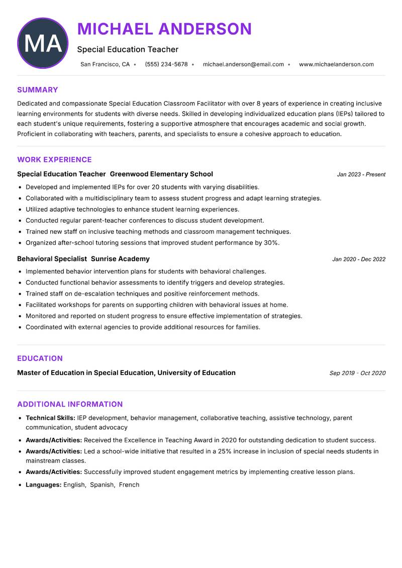 Special Education Classroom Facilitator Resume Preview Example