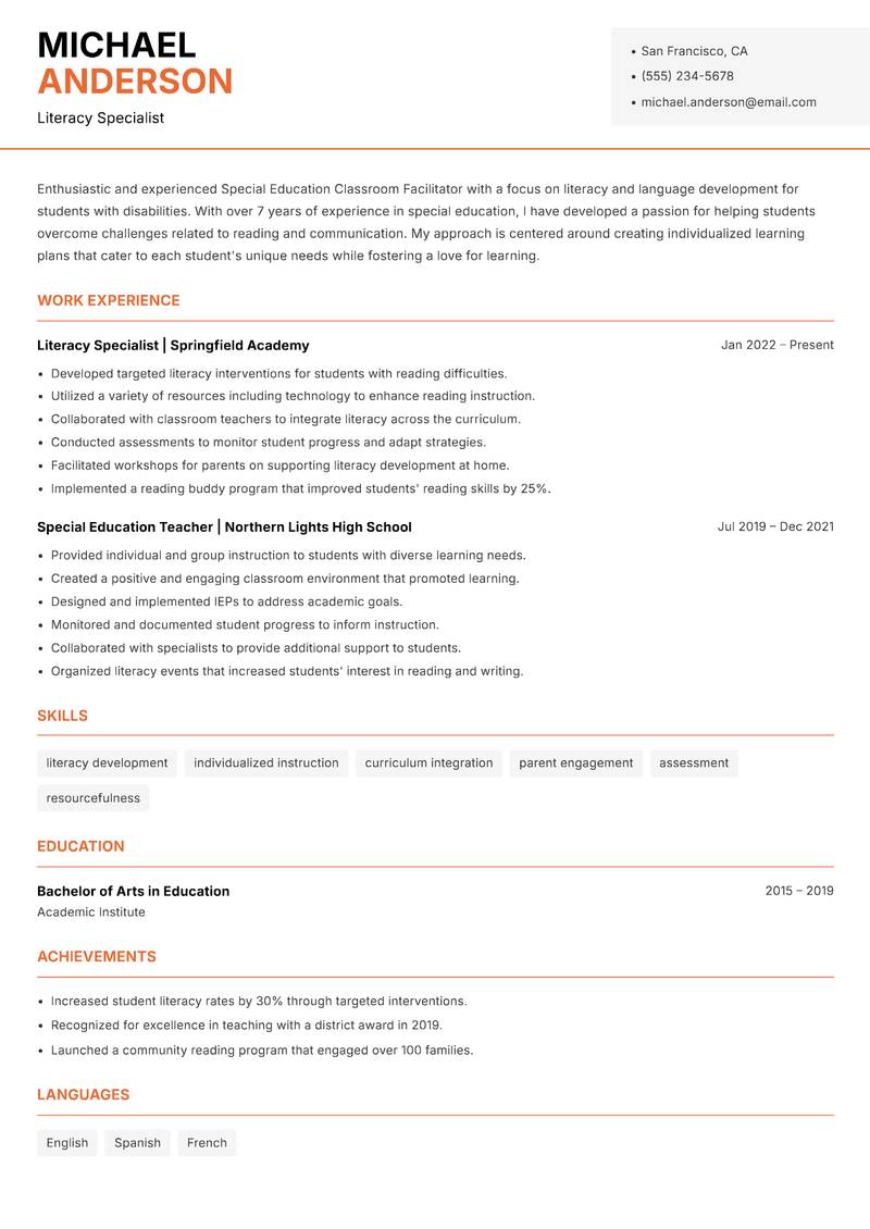 Special Education Classroom Facilitator Resume Template
