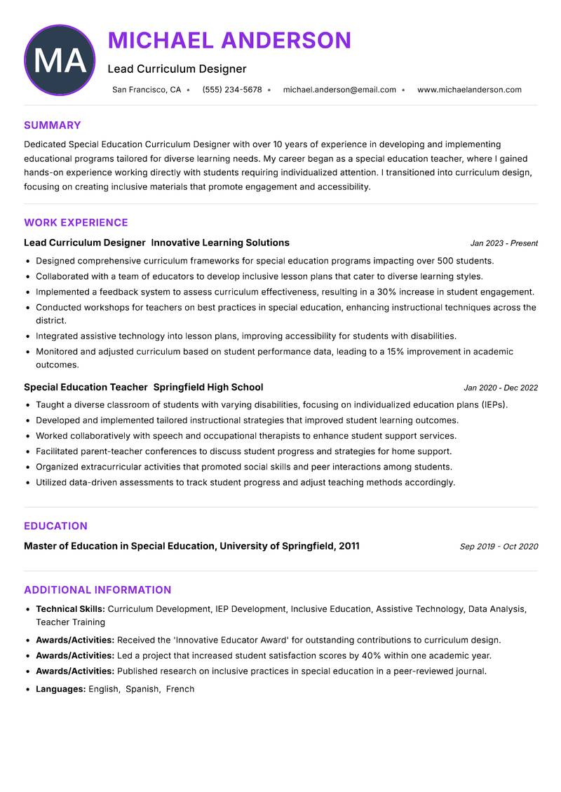 Special Education Curriculum Designer Resume Preview Example