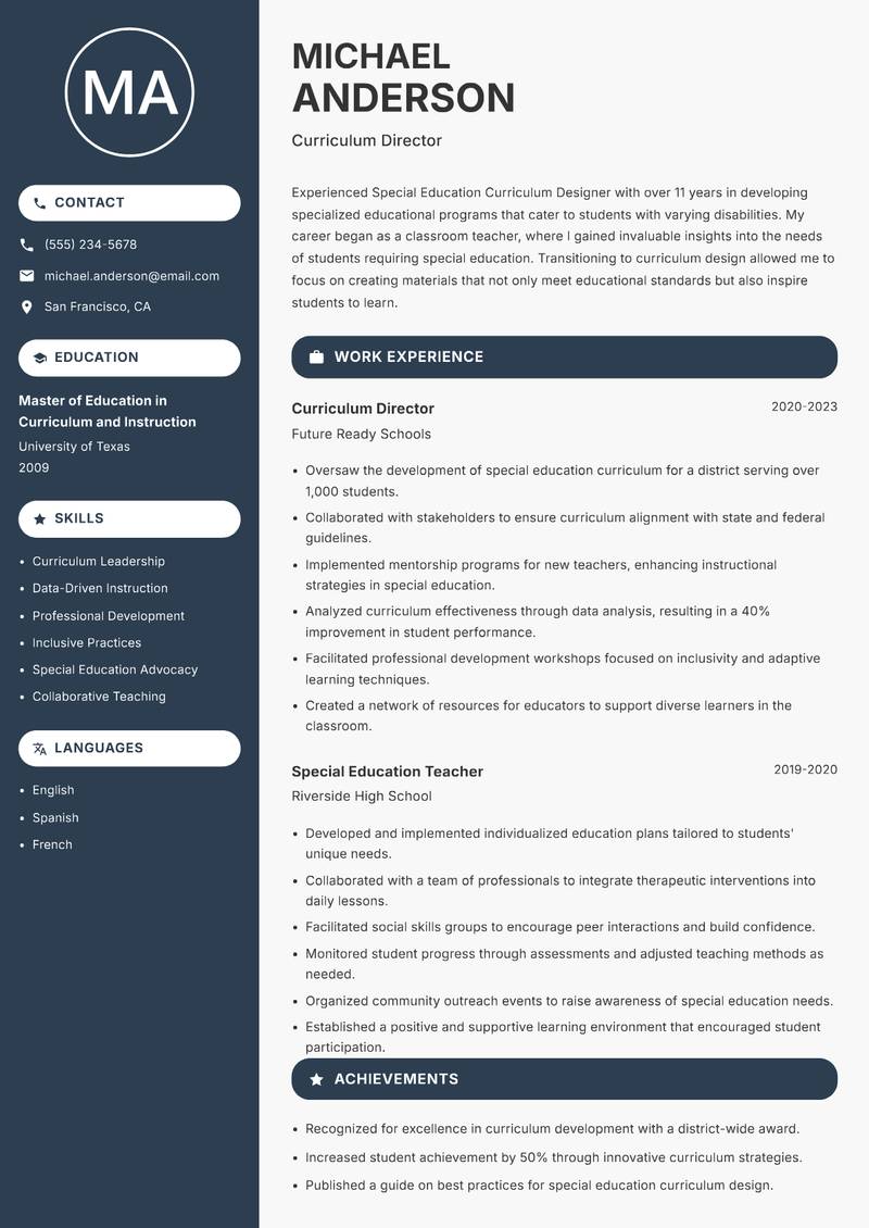 Special Education Curriculum Designer Resume Preview Example