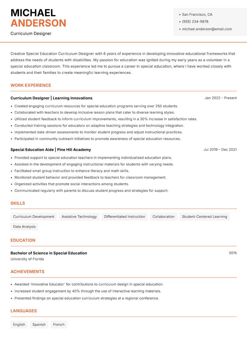 Special Education Curriculum Designer Resume Template
