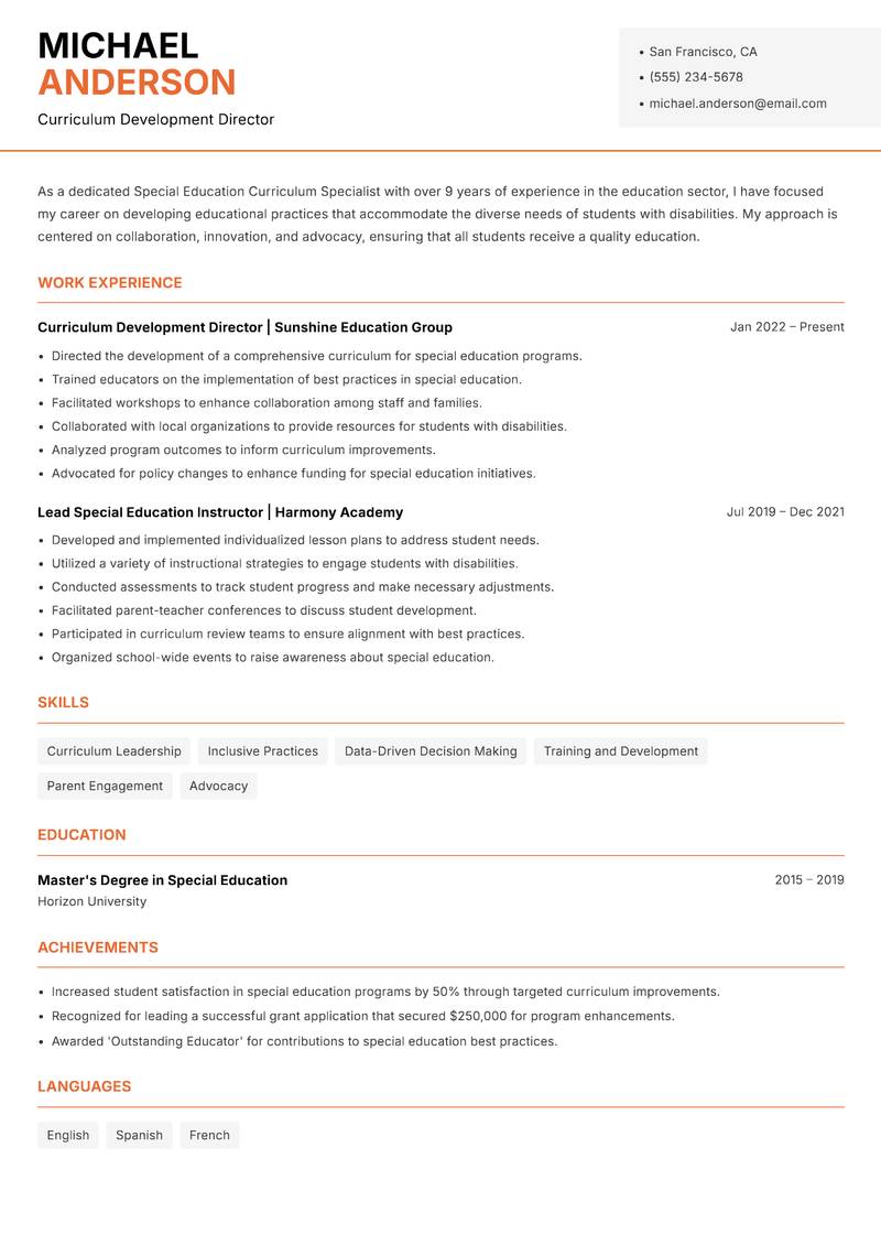 Special Education Curriculum Specialist Resume Template