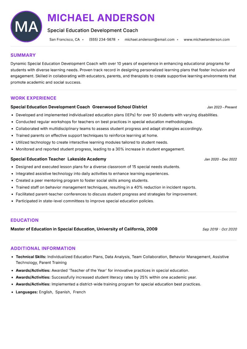 Special Education Development Coach Resume Preview Example