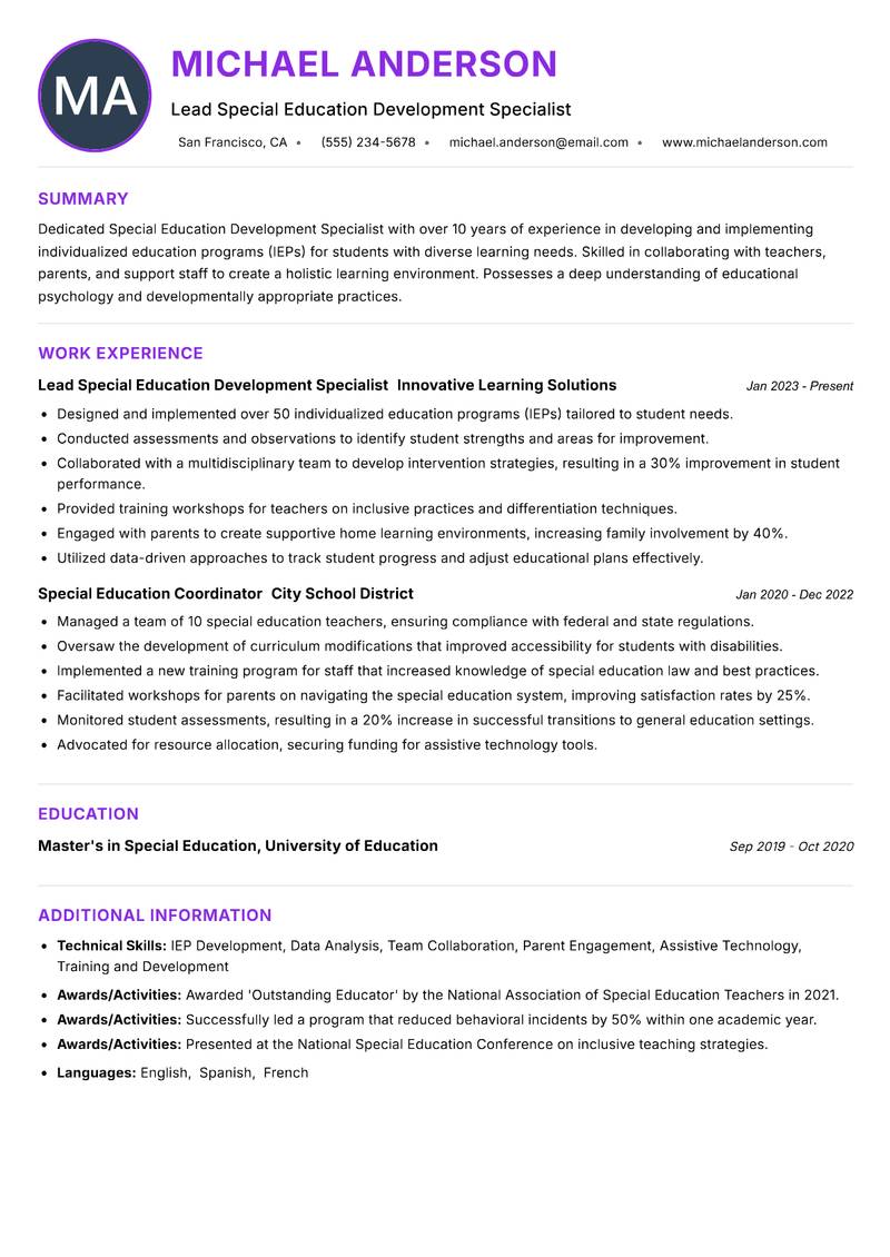 Special Education Development Specialist Resume Preview Example