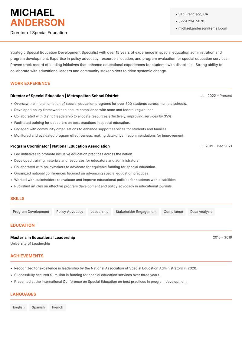 Special Education Development Specialist Resume Template