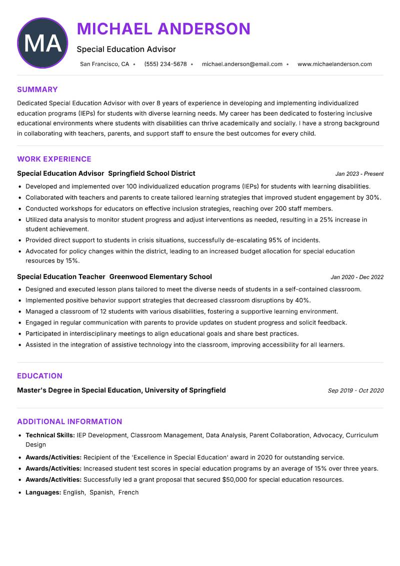 Special Education Education Advisor Resume Preview Example