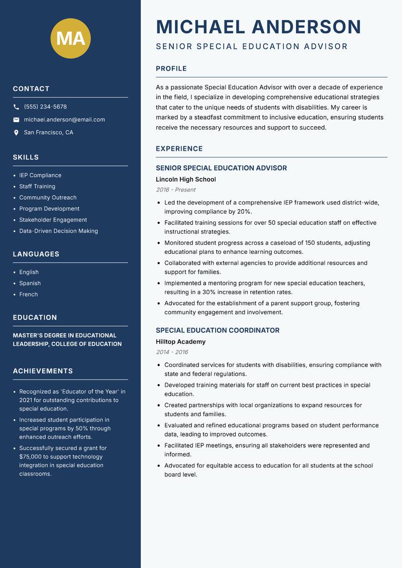 Special Education Education Advisor Resume Preview Example