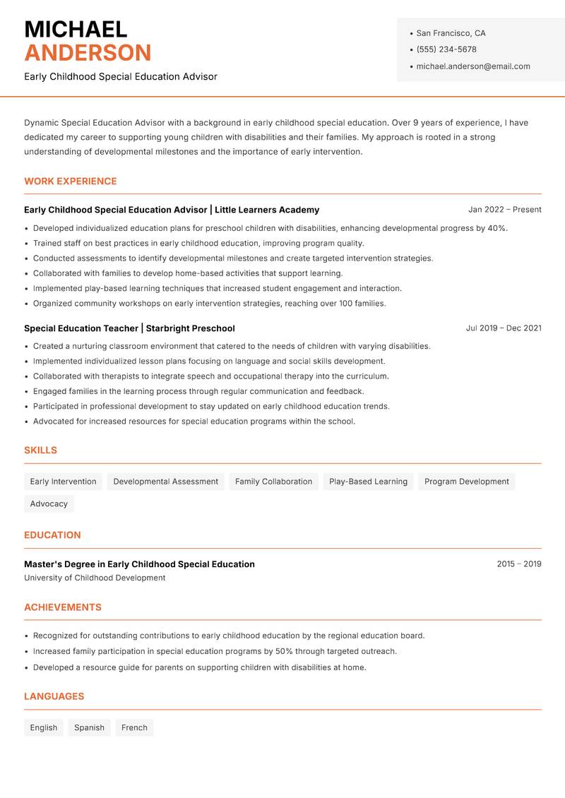 Special Education Education Advisor Resume Template