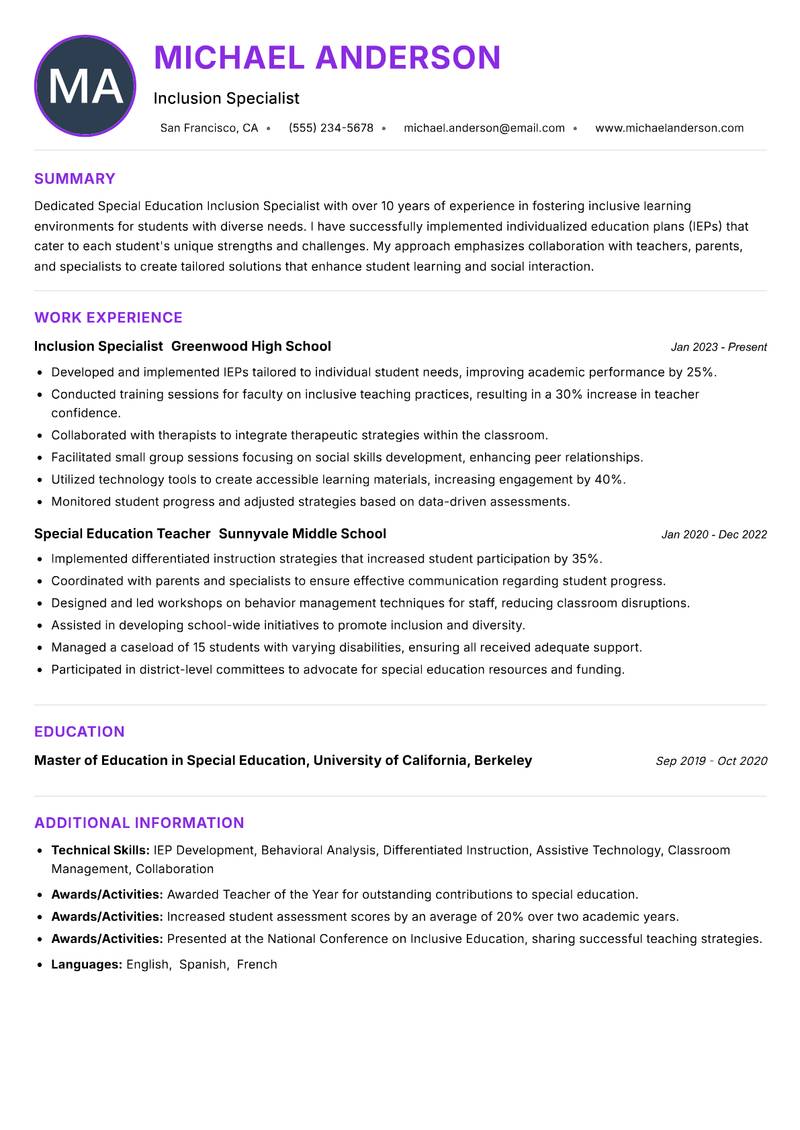 Special Education Inclusion Specialist Resume Preview Example