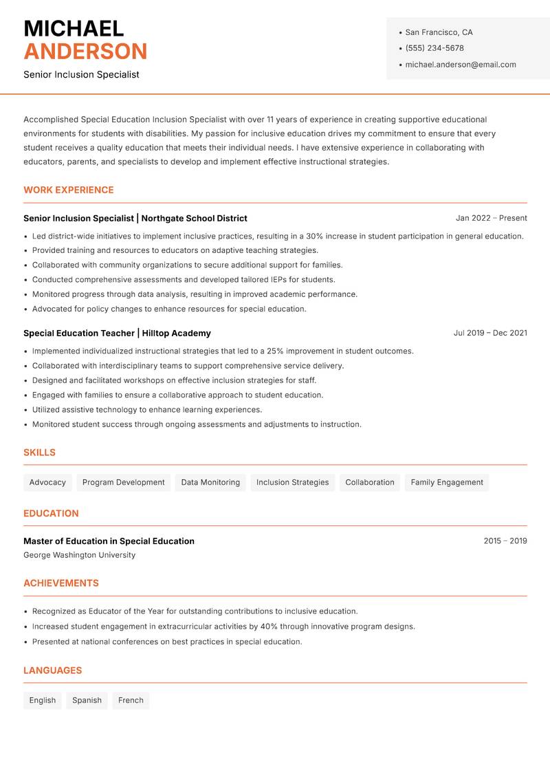 Special Education Inclusion Specialist Resume Template