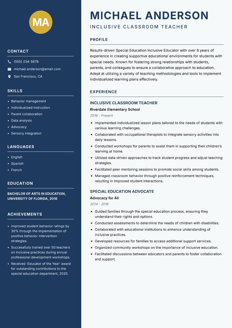 Special Education Inclusive Educator Resume Preview Example