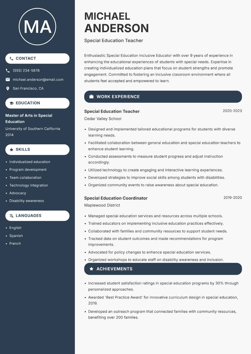 Special Education Inclusive Educator Resume Preview Example