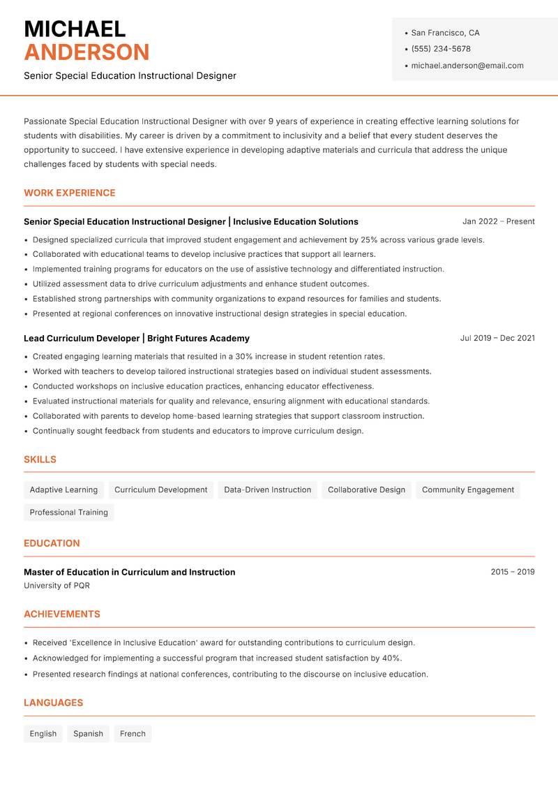 Special Education Instructional Designer Resume Template