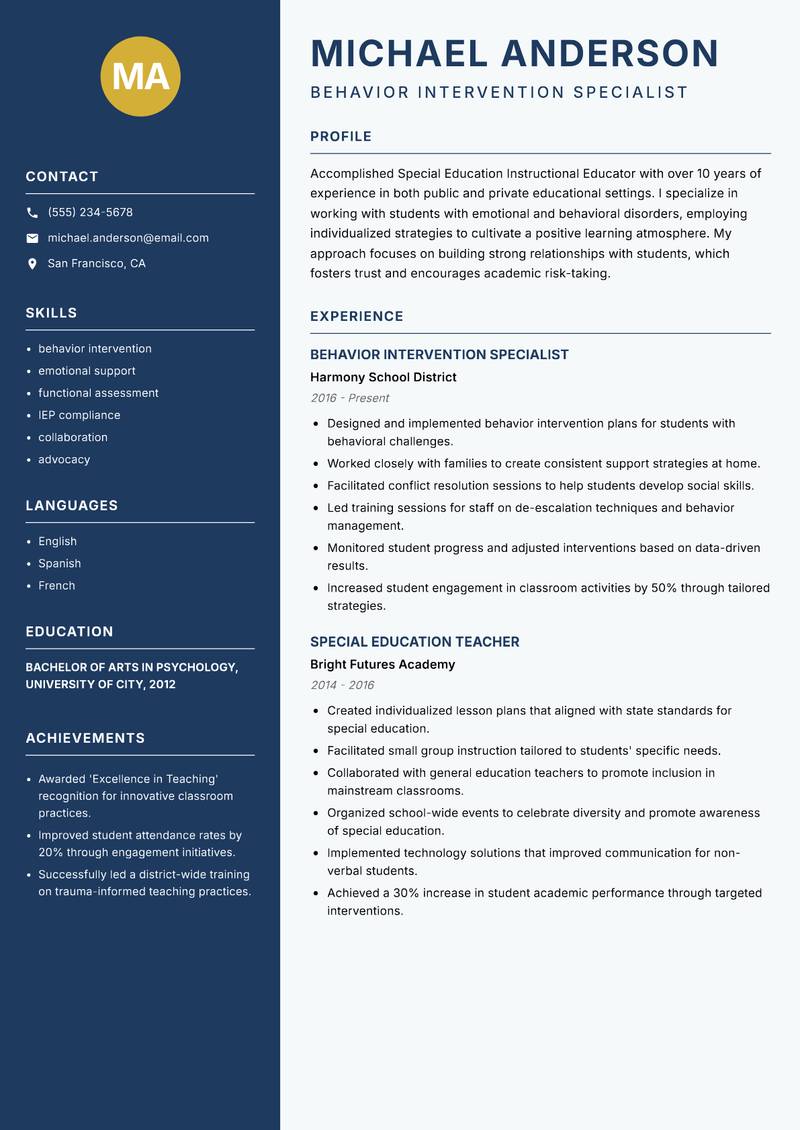 Special Education Instructional Educator Resume Preview Example