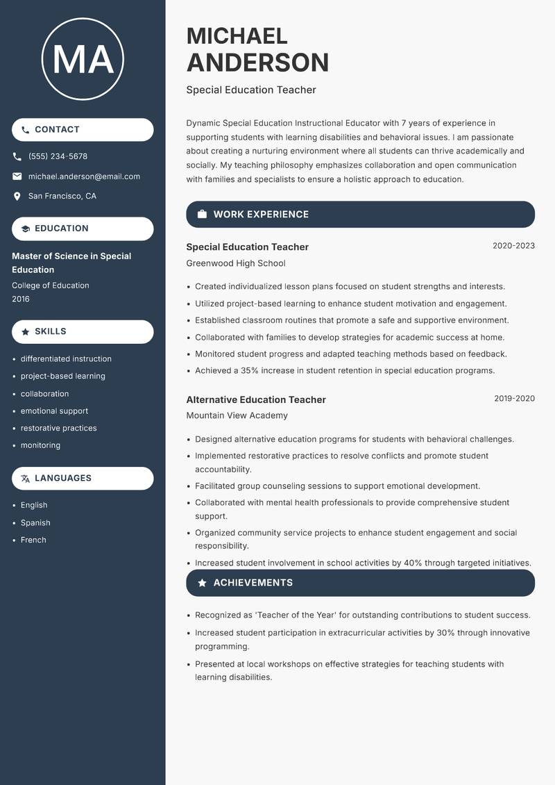 Special Education Instructional Educator Resume Preview Example