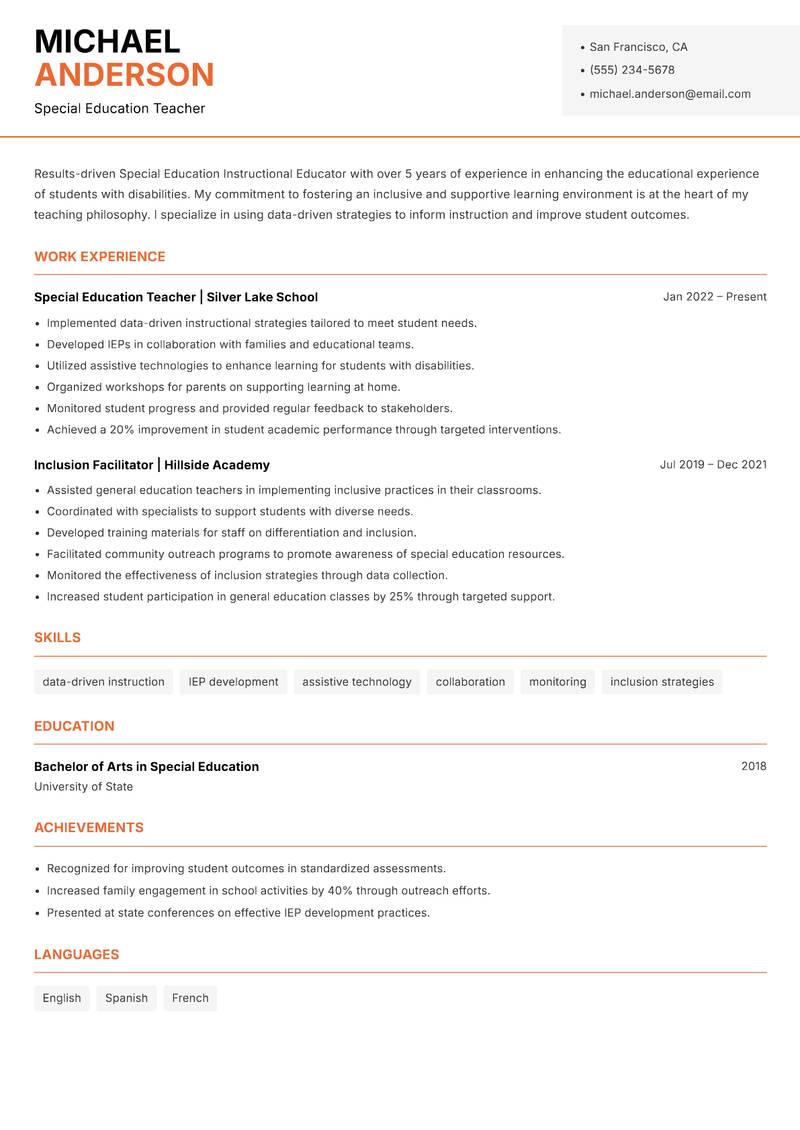 Special Education Instructional Educator Resume Template