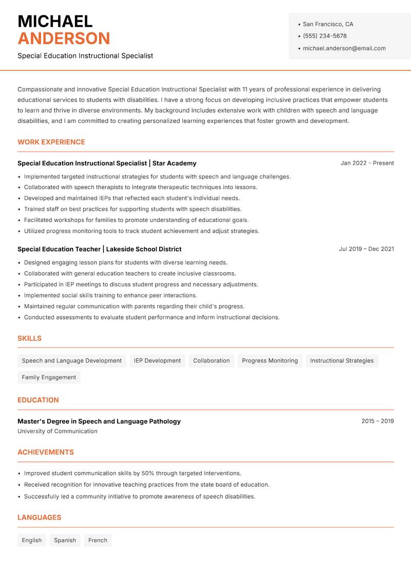 Special Education Instructional Specialist Resume Template