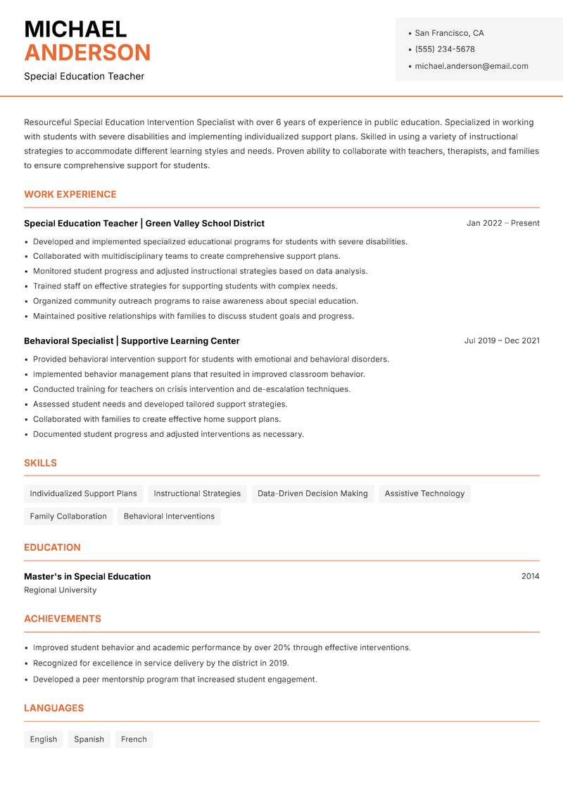 Special Education Intervention Specialist Resume Template