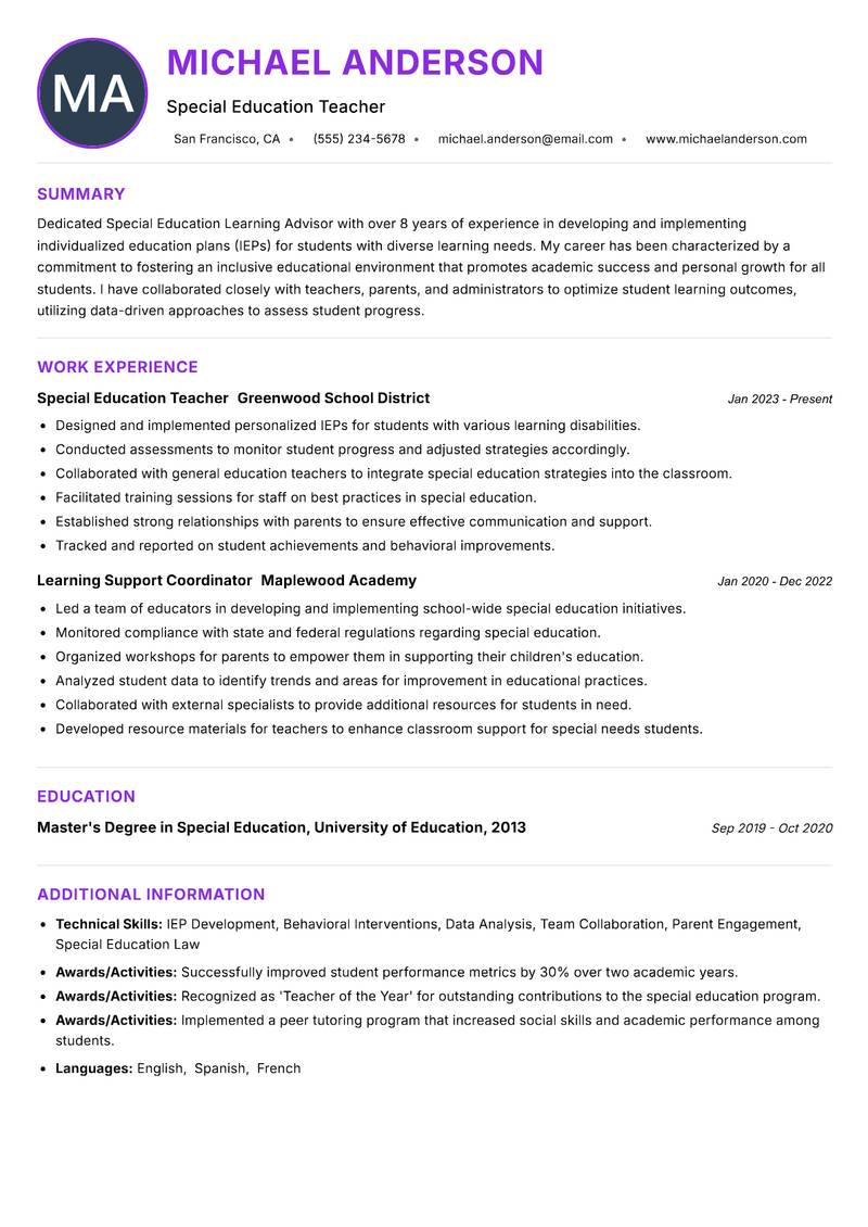 Special Education Learning Advisor Resume Preview Example