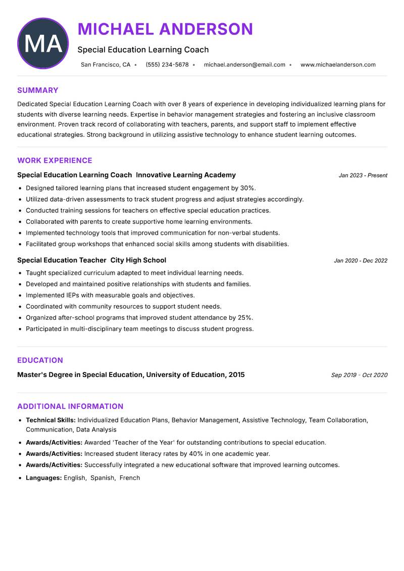 Special Education Learning Coach Resume Preview Example
