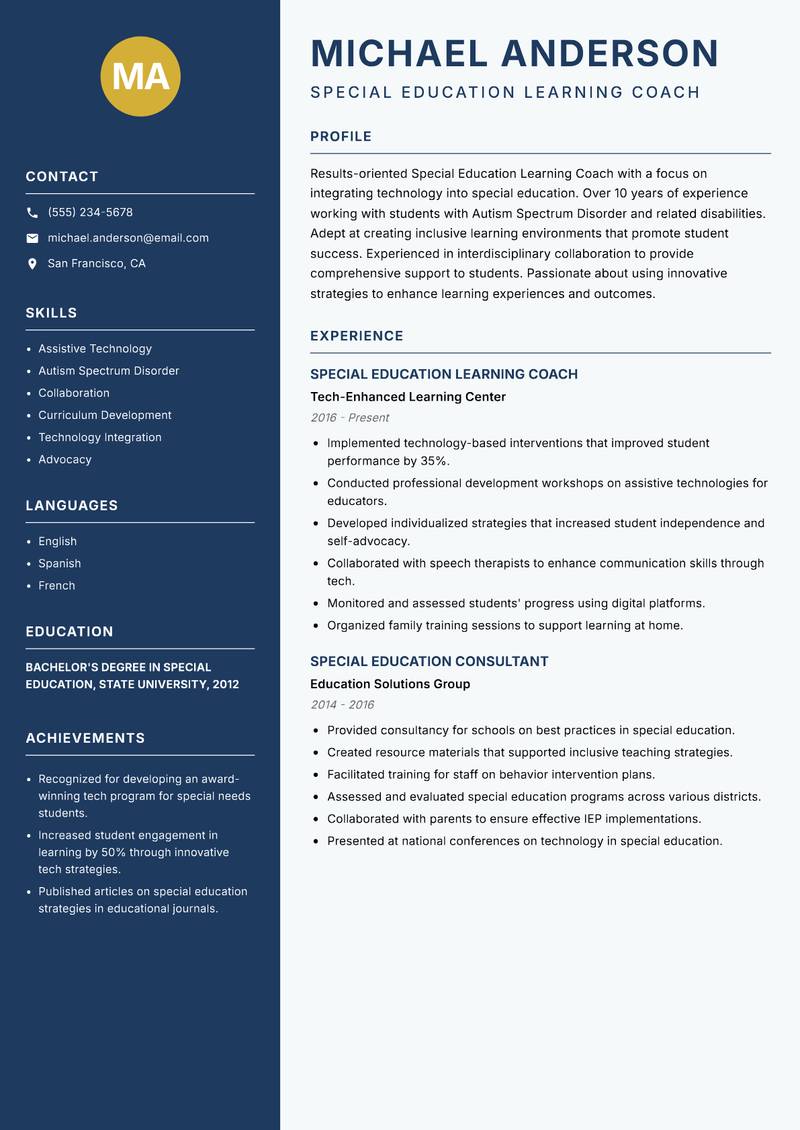Special Education Learning Coach Resume Preview Example