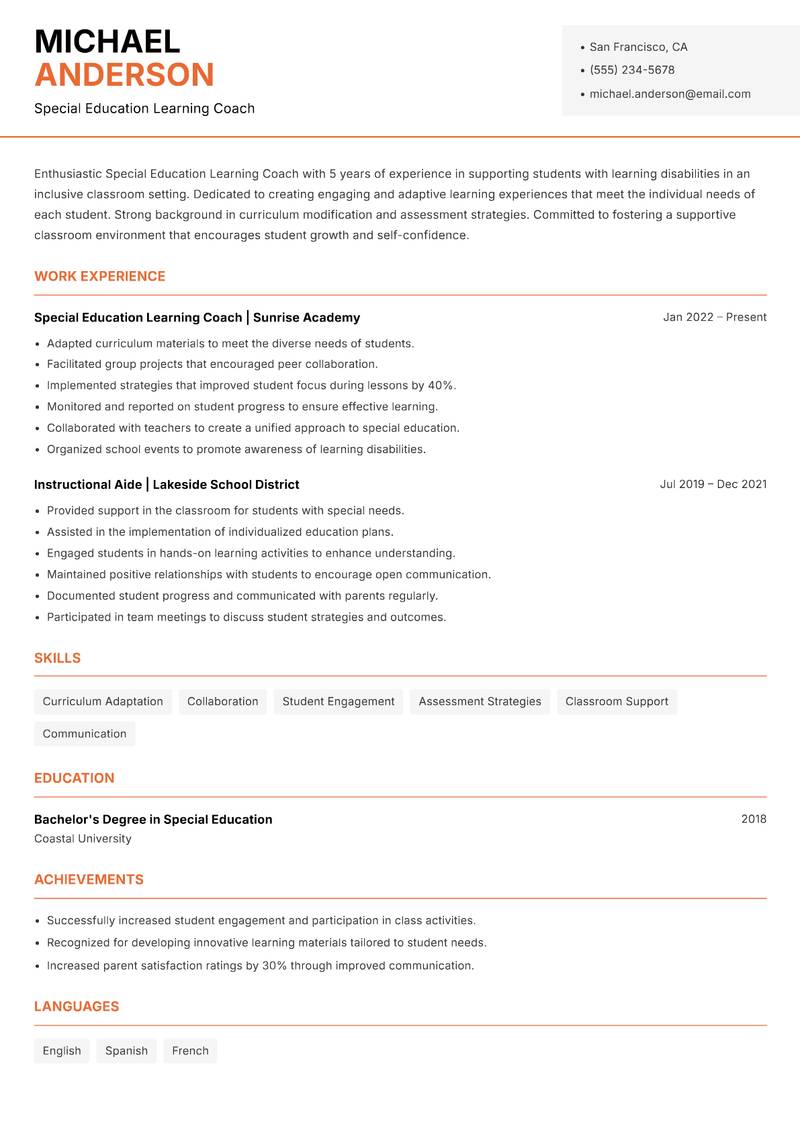 Special Education Learning Coach Resume Template