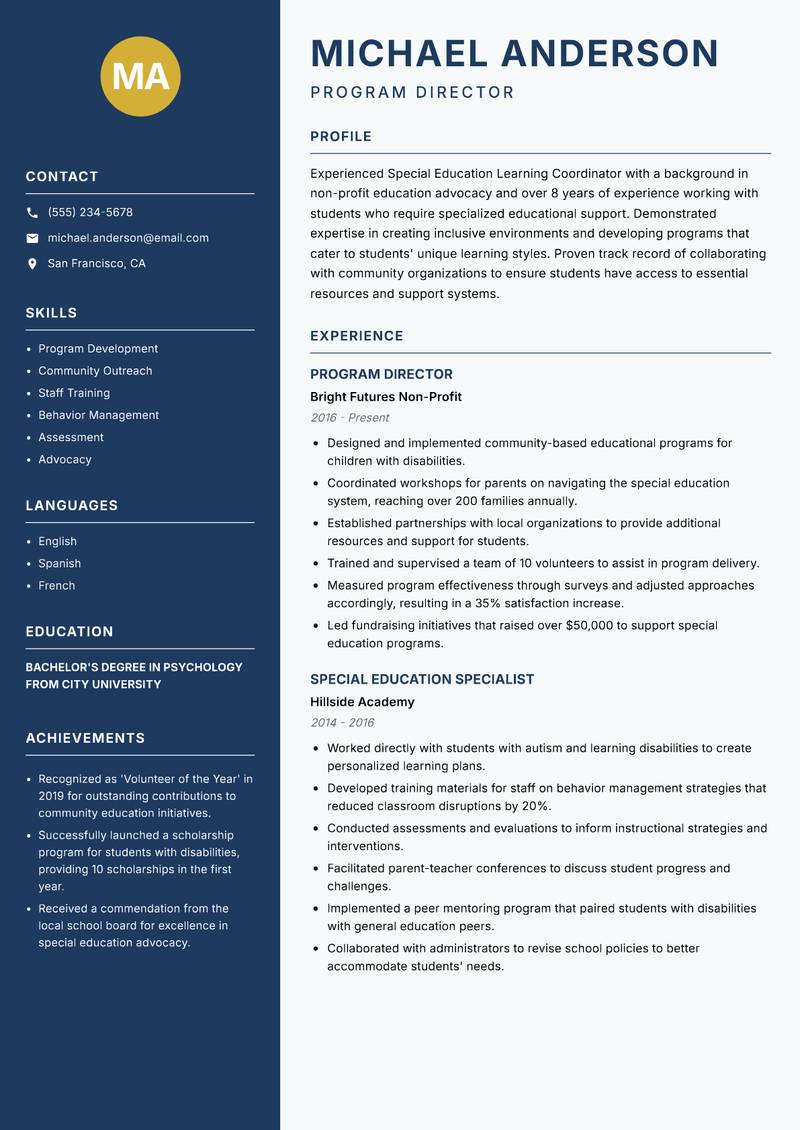 Special Education Learning Coordinator Resume Preview Example