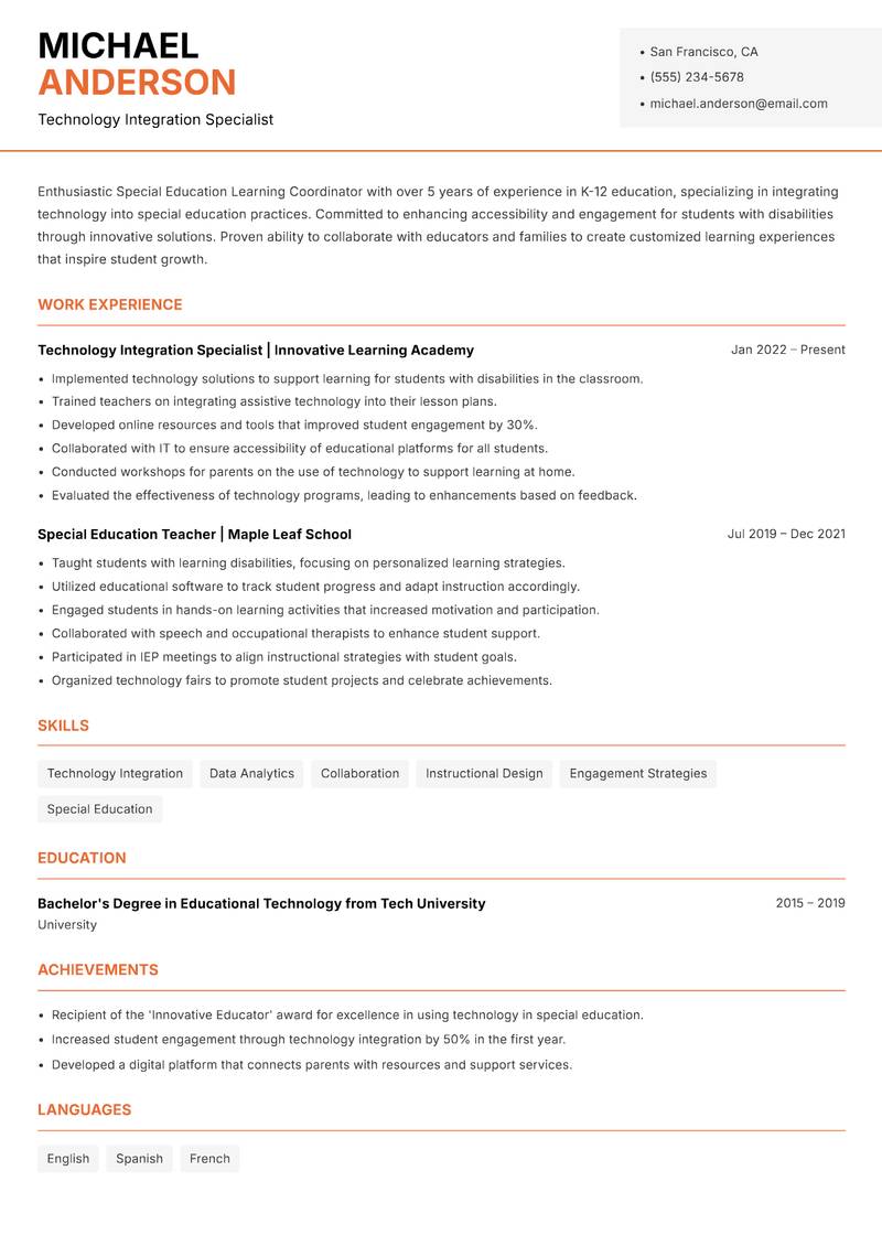 Special Education Learning Coordinator Resume Template