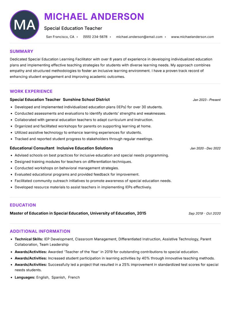 Special Education Learning Facilitator Resume Preview Example