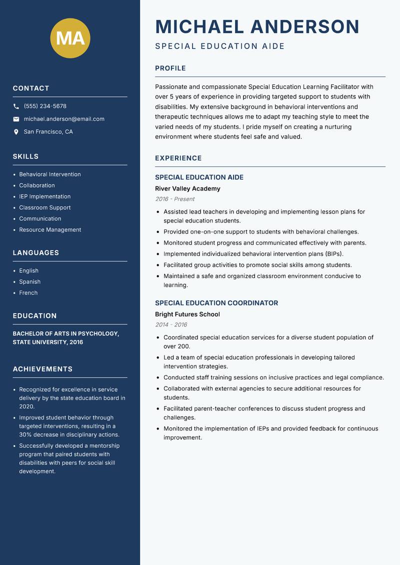Special Education Learning Facilitator Resume Preview Example