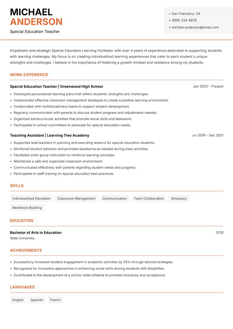 Special Education Learning Facilitator Resume Template